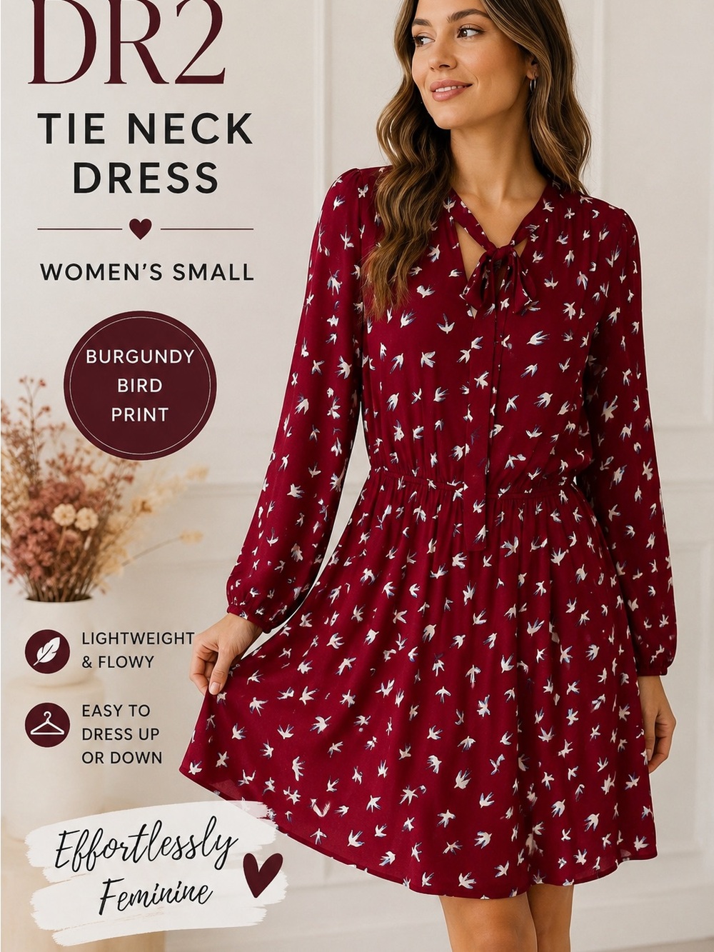 DR2 Burgundy Bird Print Tie Neck Dress Size Small